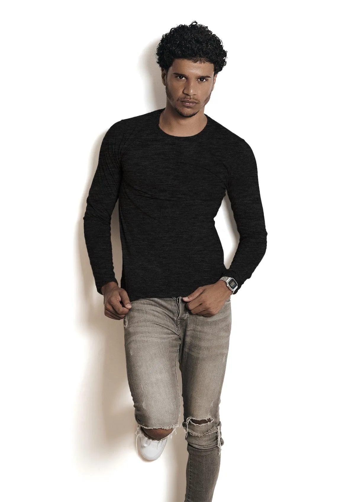 Men's Long Sleeve Crew Neck T-Shirt Black Heather
