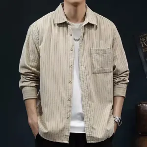 Men’s Long Sleeve Shirt – Relaxed Fit – Vertical Stripes – Breathable Cotton