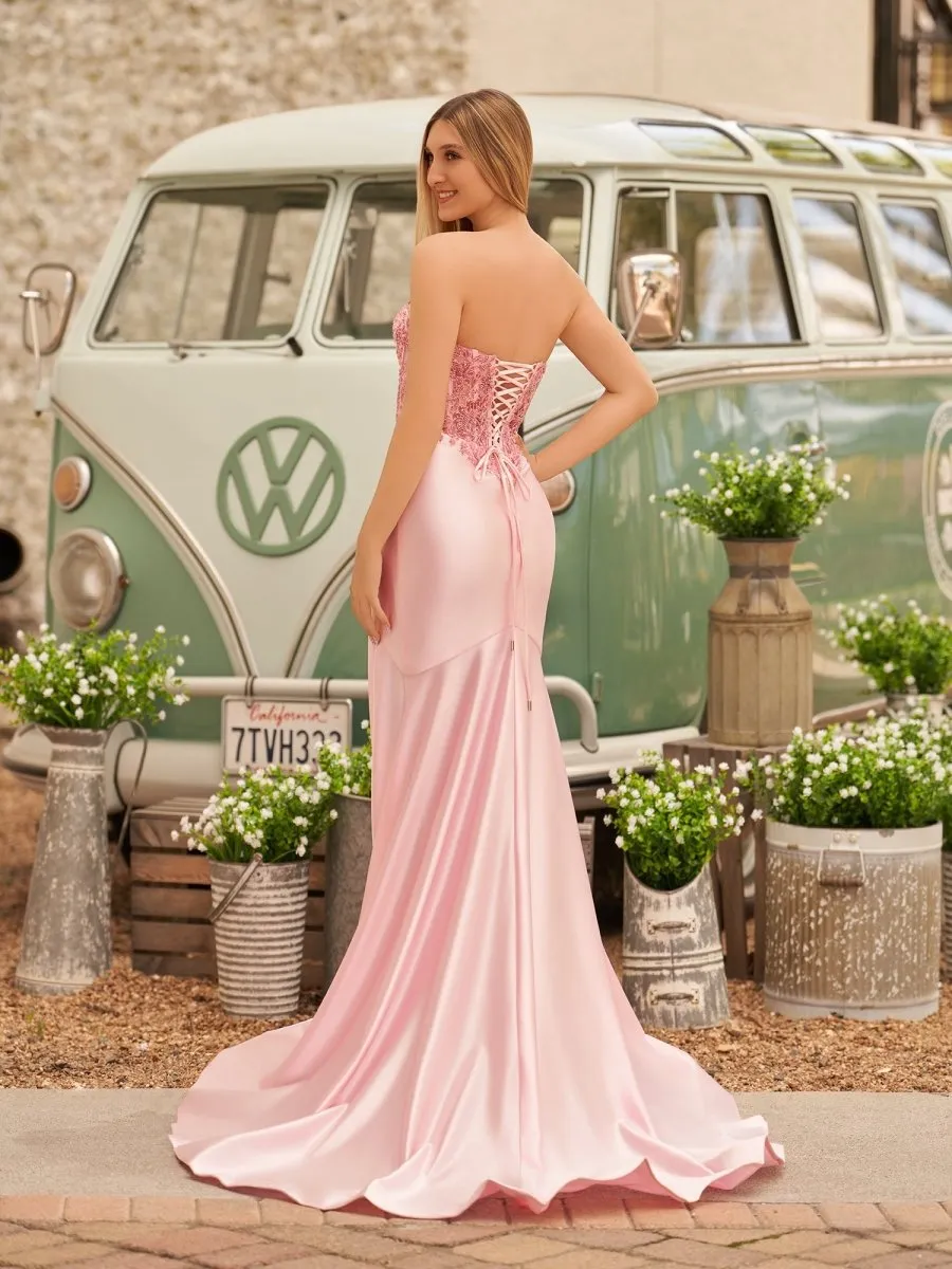 Mermaid Sweetheart Lace Satin Prom Dresses with Slit