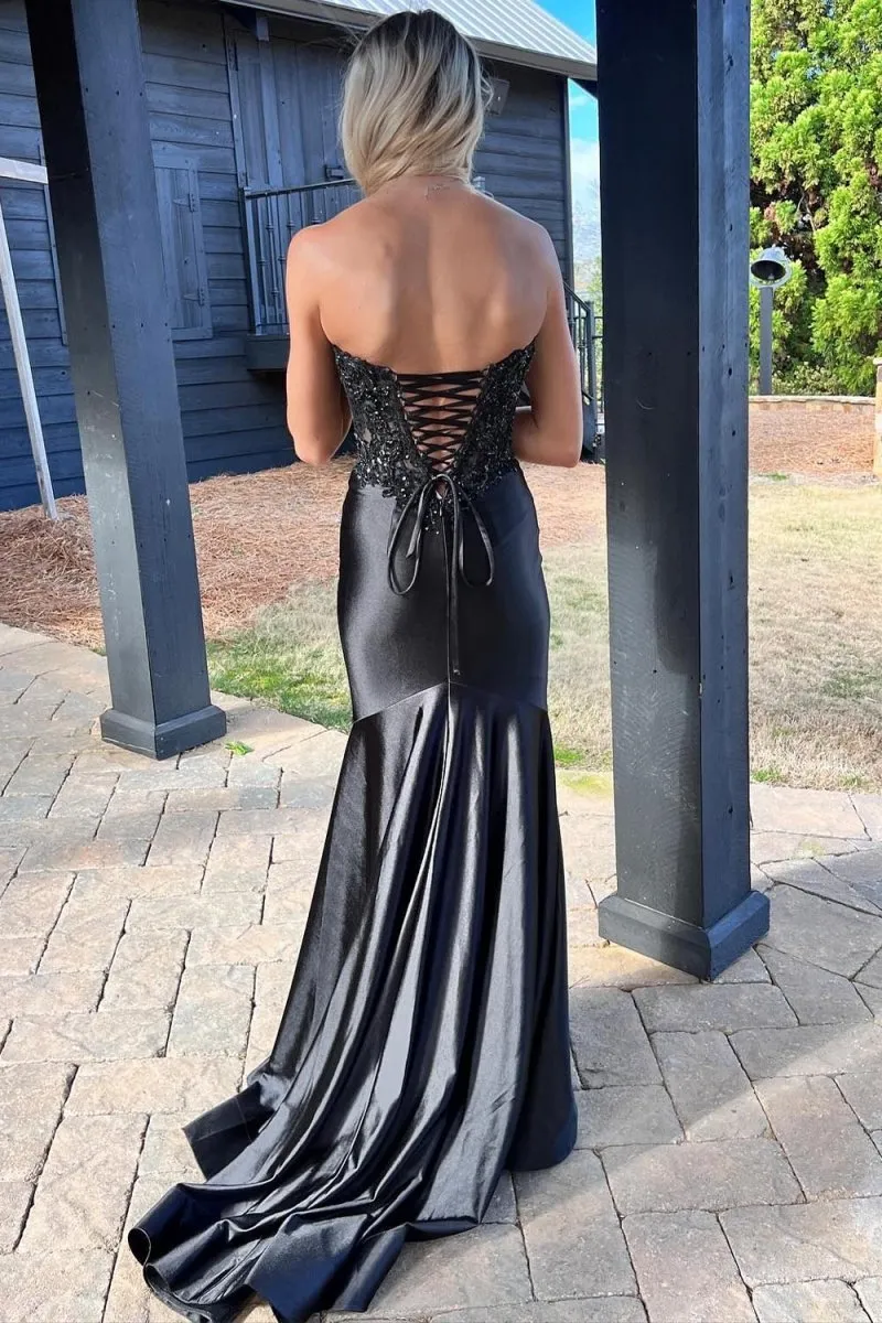 Mermaid Sweetheart Lace Satin Prom Dresses with Slit