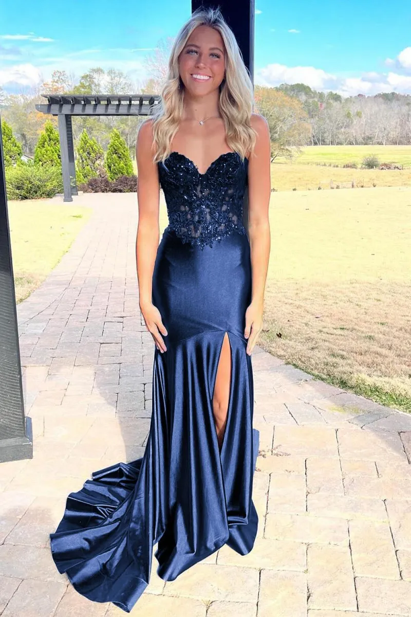 Mermaid Sweetheart Lace Satin Prom Dresses with Slit