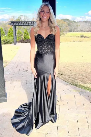 Mermaid Sweetheart Lace Satin Prom Dresses with Slit