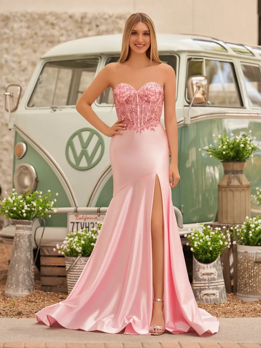 Mermaid Sweetheart Lace Satin Prom Dresses with Slit