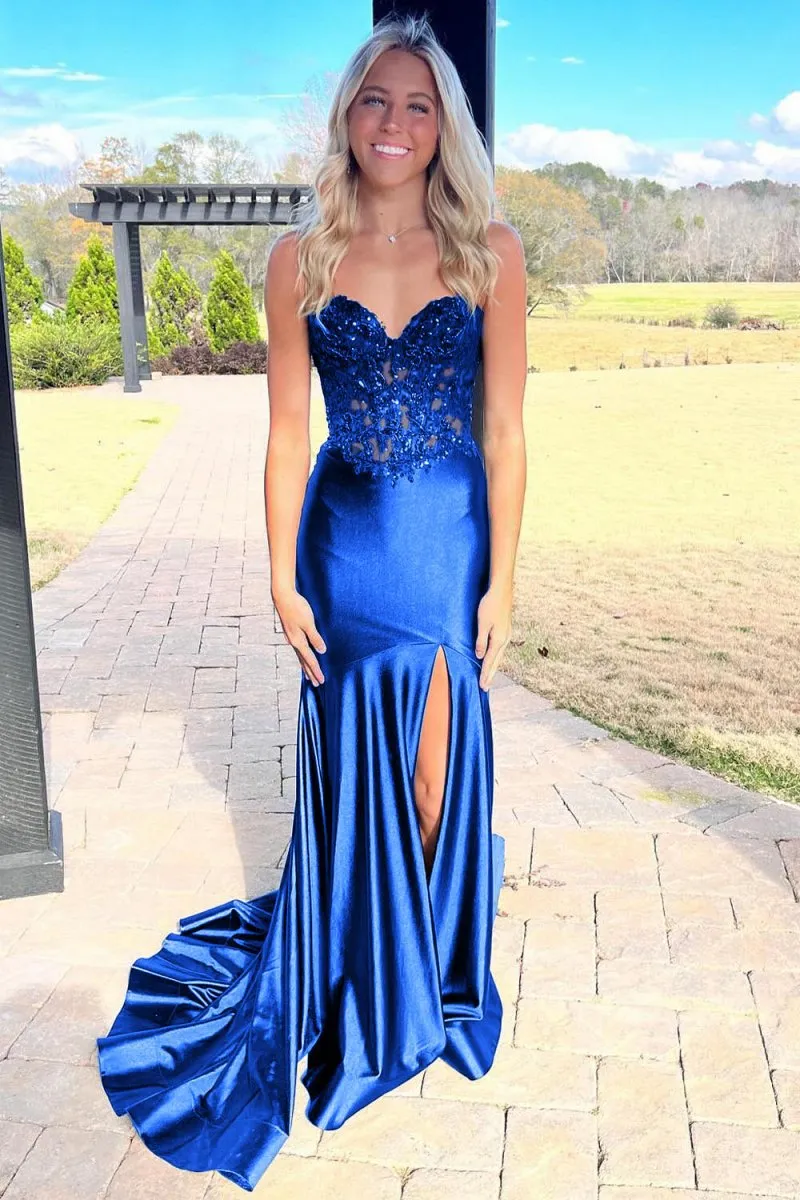 Mermaid Sweetheart Lace Satin Prom Dresses with Slit