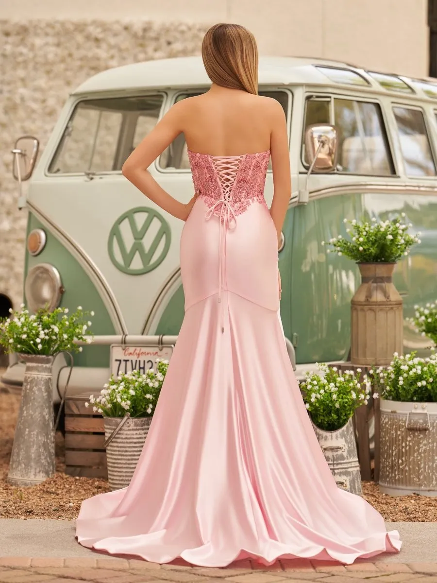 Mermaid Sweetheart Lace Satin Prom Dresses with Slit