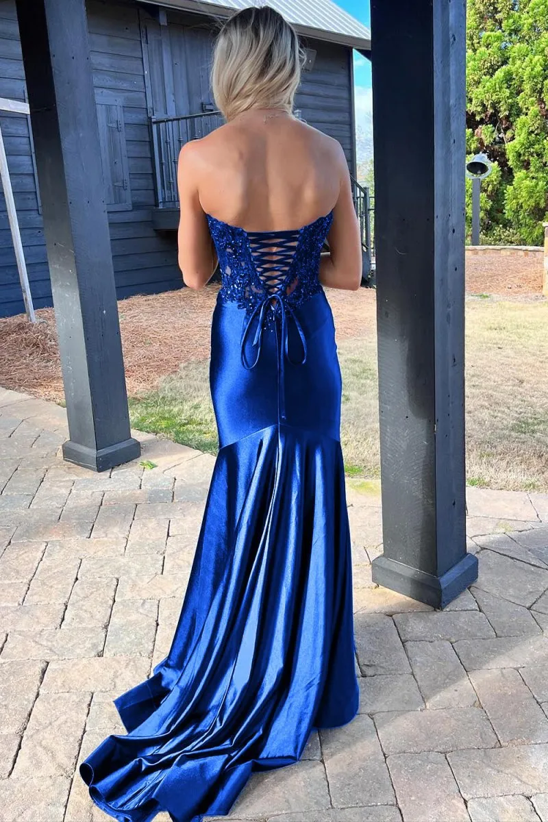 Mermaid Sweetheart Lace Satin Prom Dresses with Slit