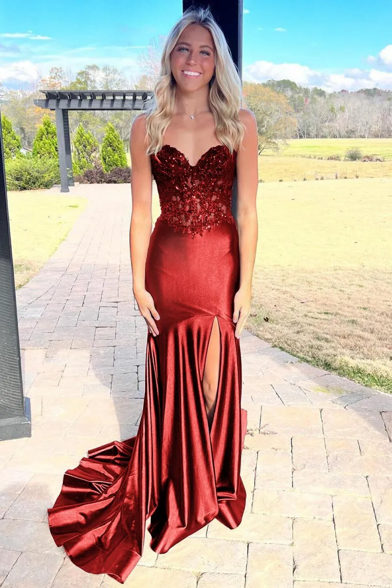 Mermaid Sweetheart Lace Satin Prom Dresses with Slit
