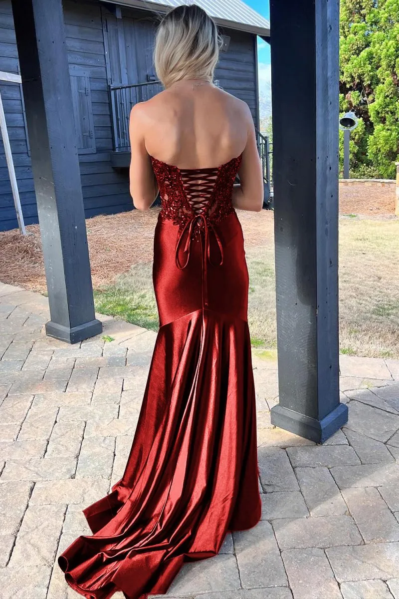 Mermaid Sweetheart Lace Satin Prom Dresses with Slit