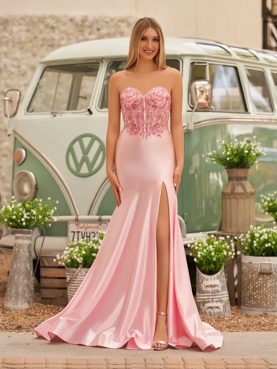 Mermaid Sweetheart Lace Satin Prom Dresses with Slit