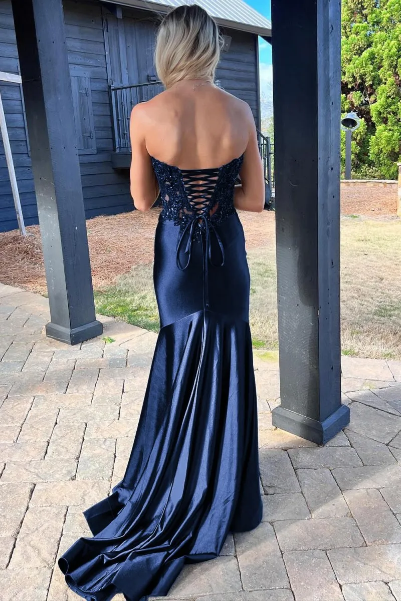 Mermaid Sweetheart Lace Satin Prom Dresses with Slit