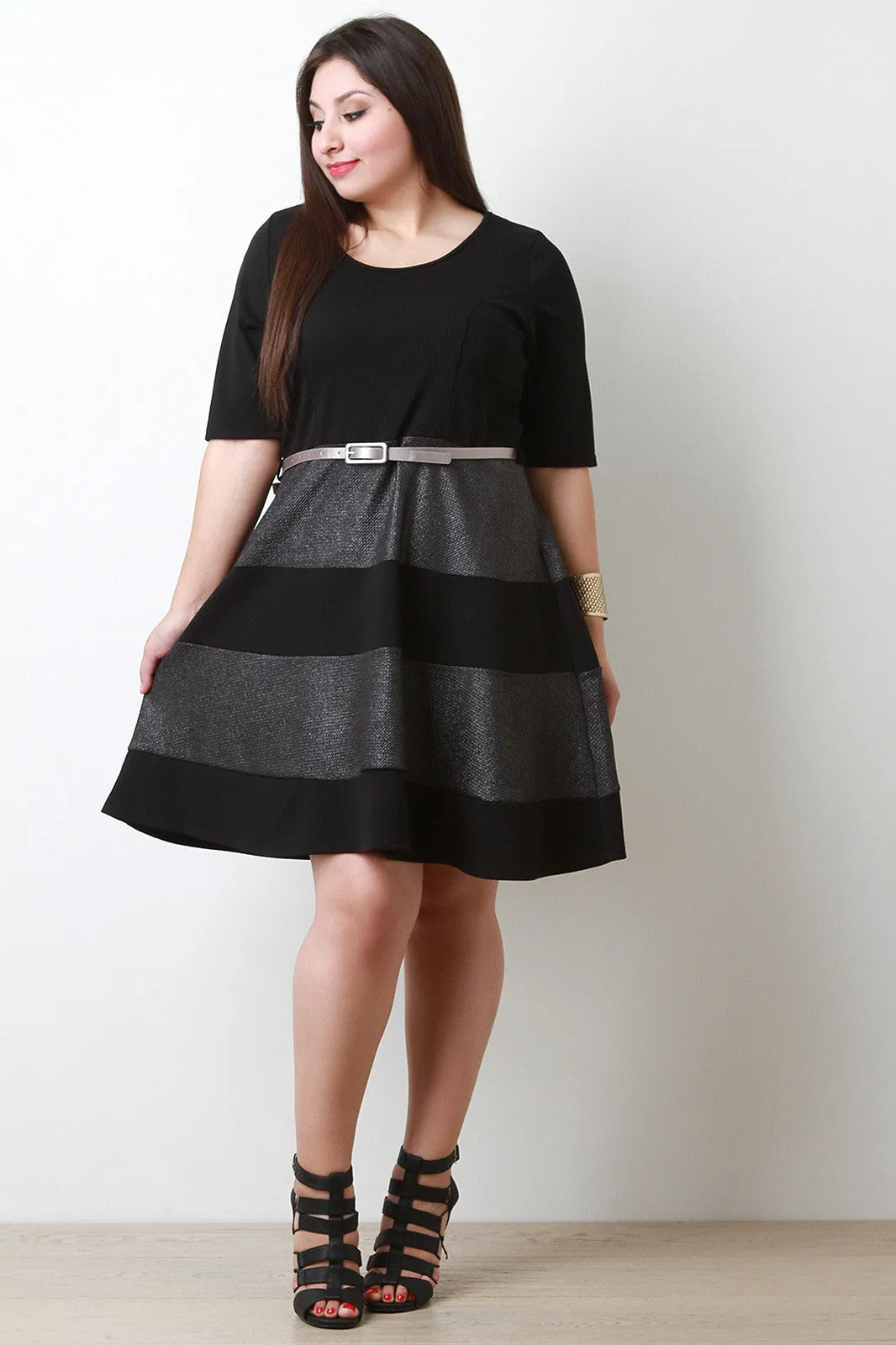Metallic Stripes Textured Skater Dress