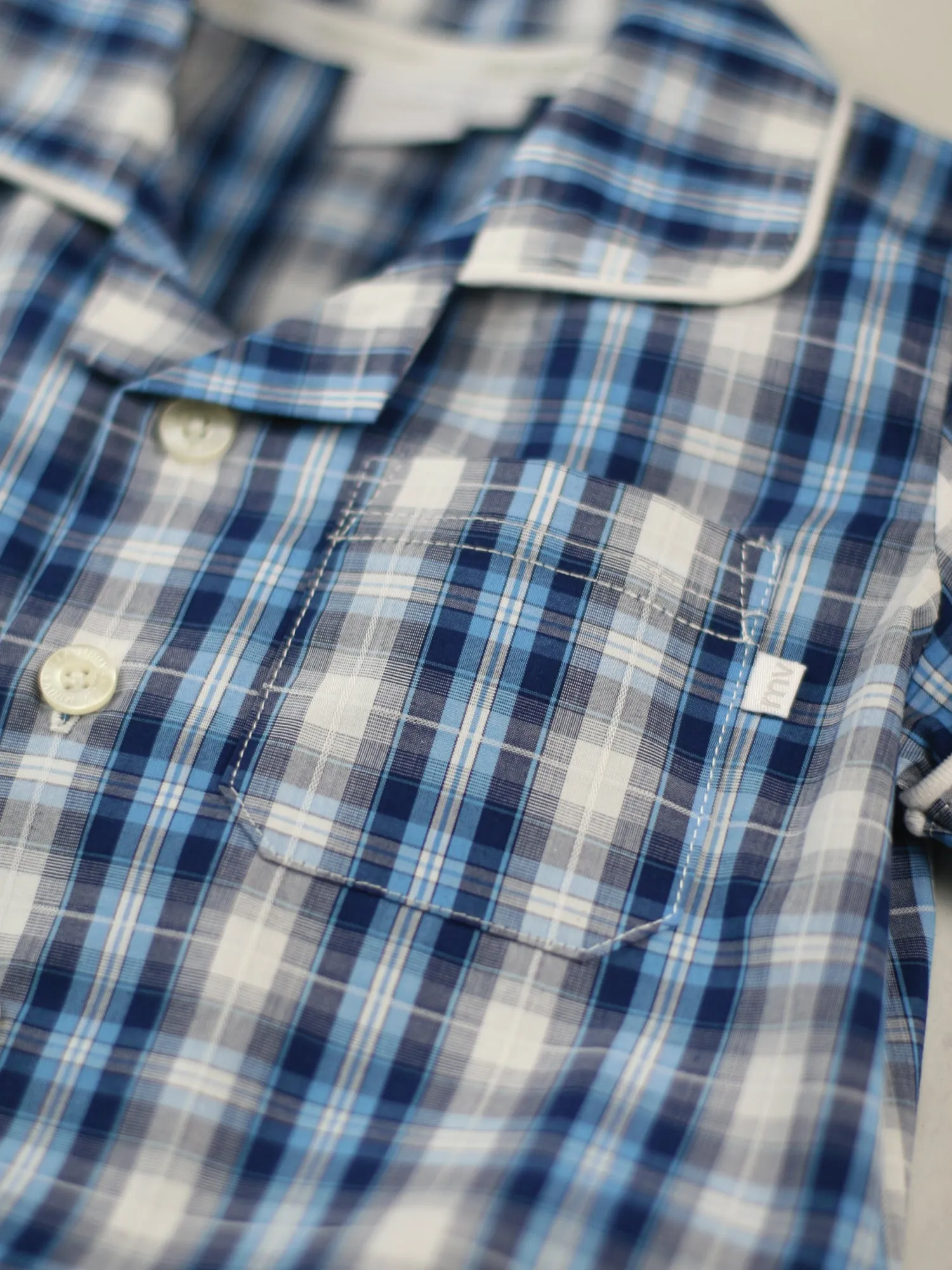 Mid Blue Check Shortie Traditional Pyjamas.