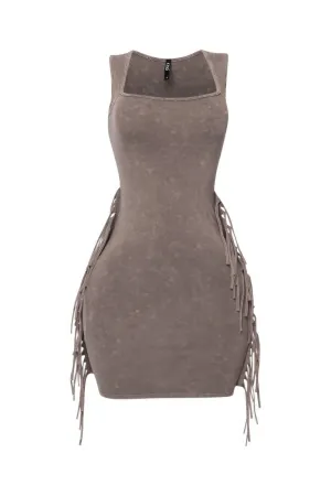 Mineral Washed Side Fringe Mini Dress