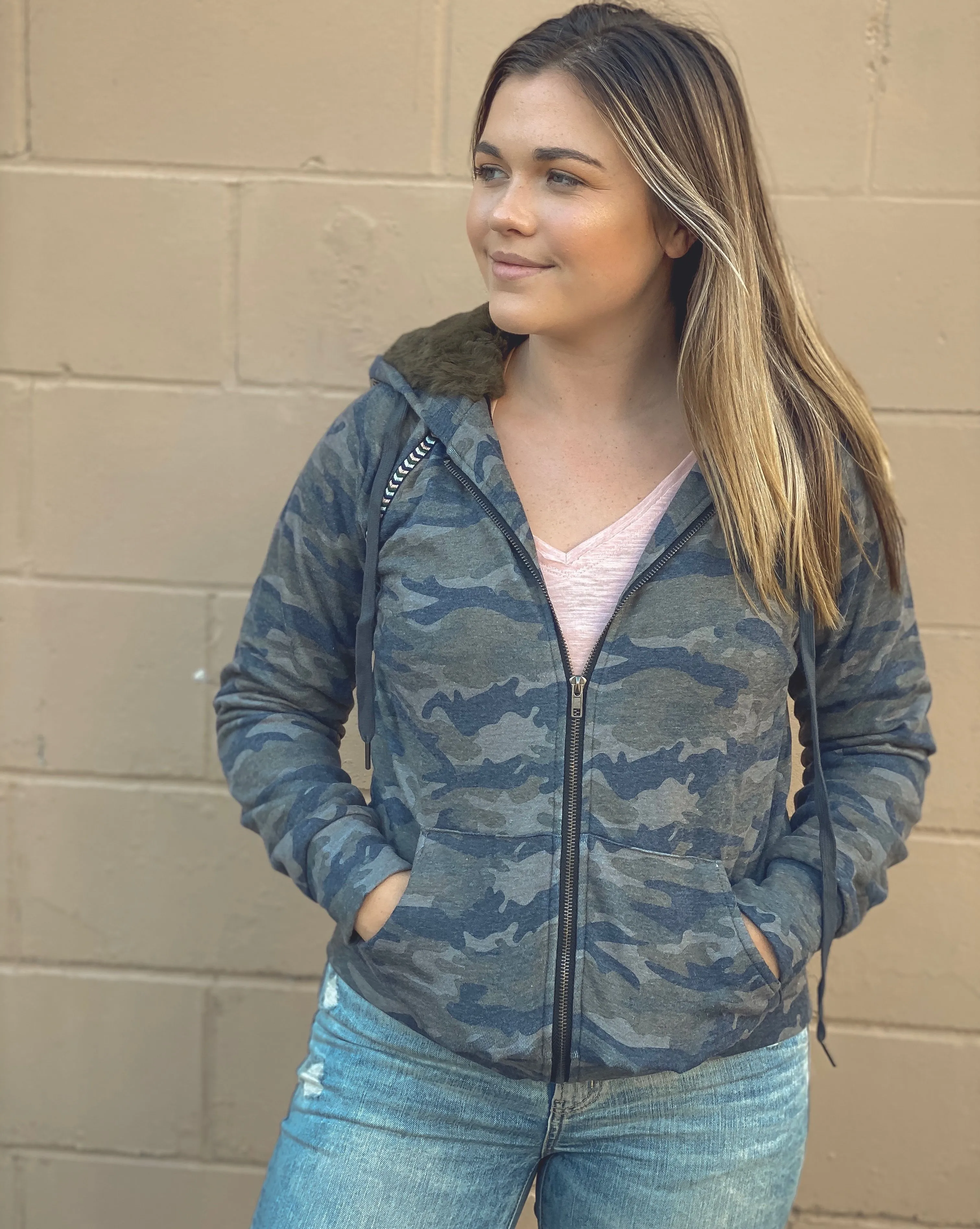 Miss Me Green Camo Zip Front Hoodie with Fur