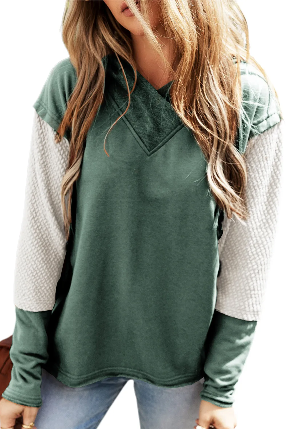 Mist Green Contrast Splicing Sleeves Hooded Sweatshirt