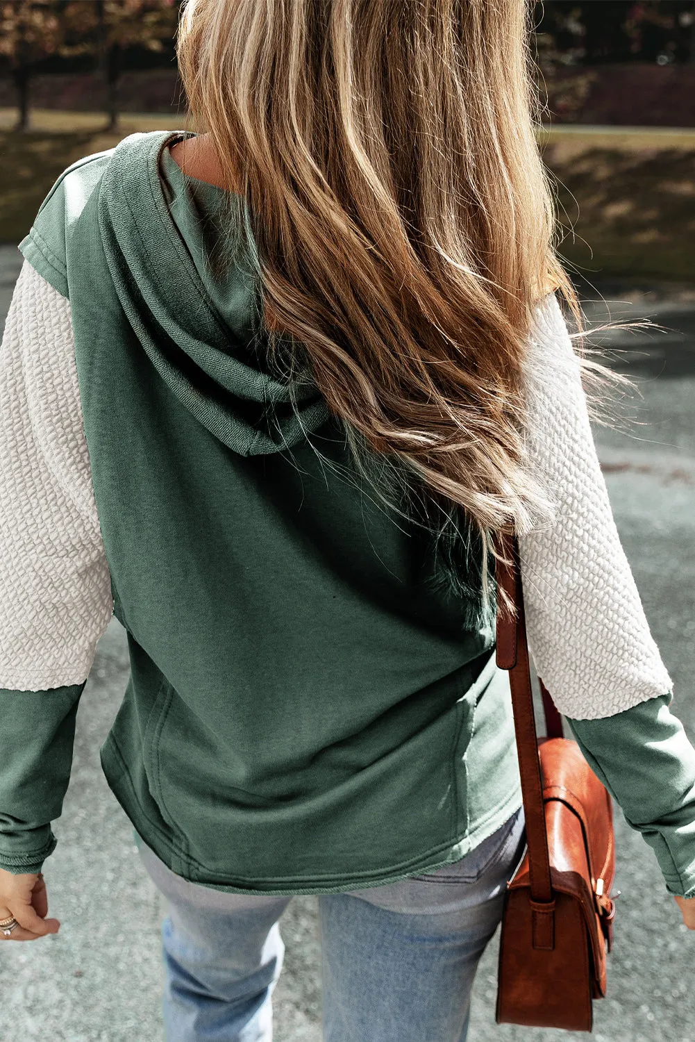 Mist Green Contrast Splicing Sleeves Hooded Sweatshirt