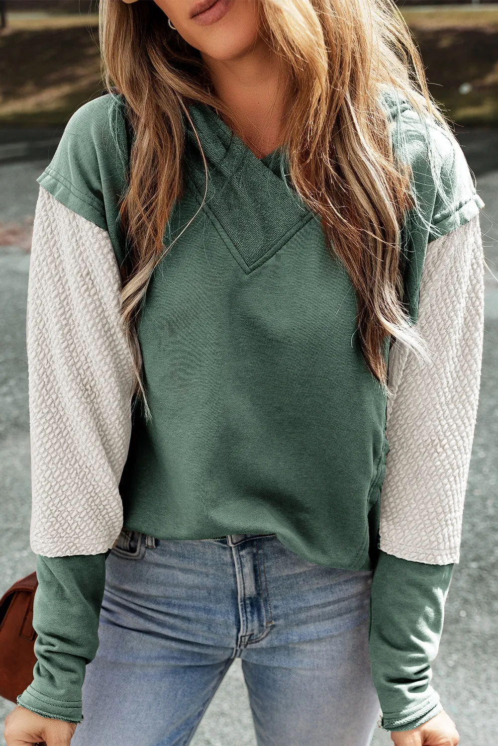 Mist Green Contrast Splicing Sleeves Hooded Sweatshirt