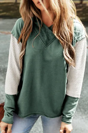 Mist Green Contrast Splicing Sleeves Hooded Sweatshirt