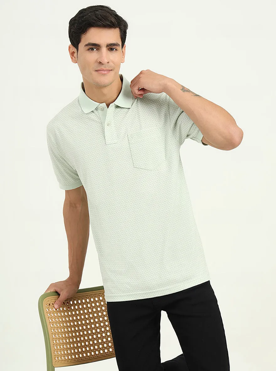 Mist Green Printed Regular Fit Polo T-Shirt | Greenfibre