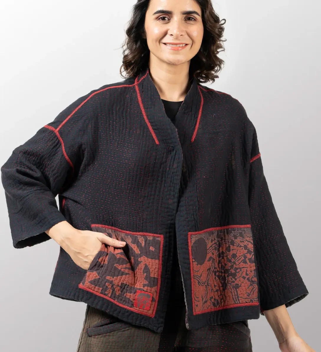 Monotone Twilight Print Kantha Stand Collar Cropped JKT