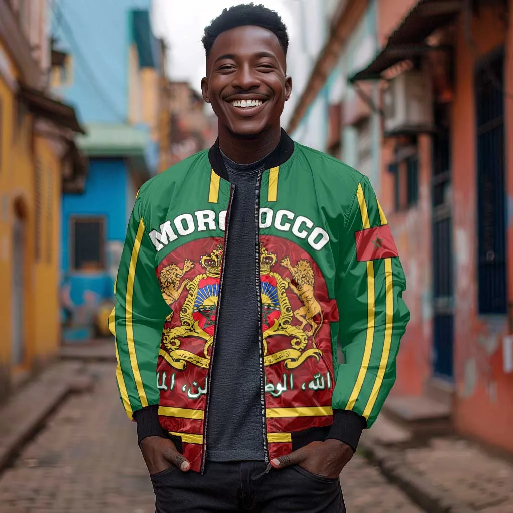 Morocco Proclamation Day Bomber Jacket with Marruecos Coat of Arms and Roses Pattern LT01