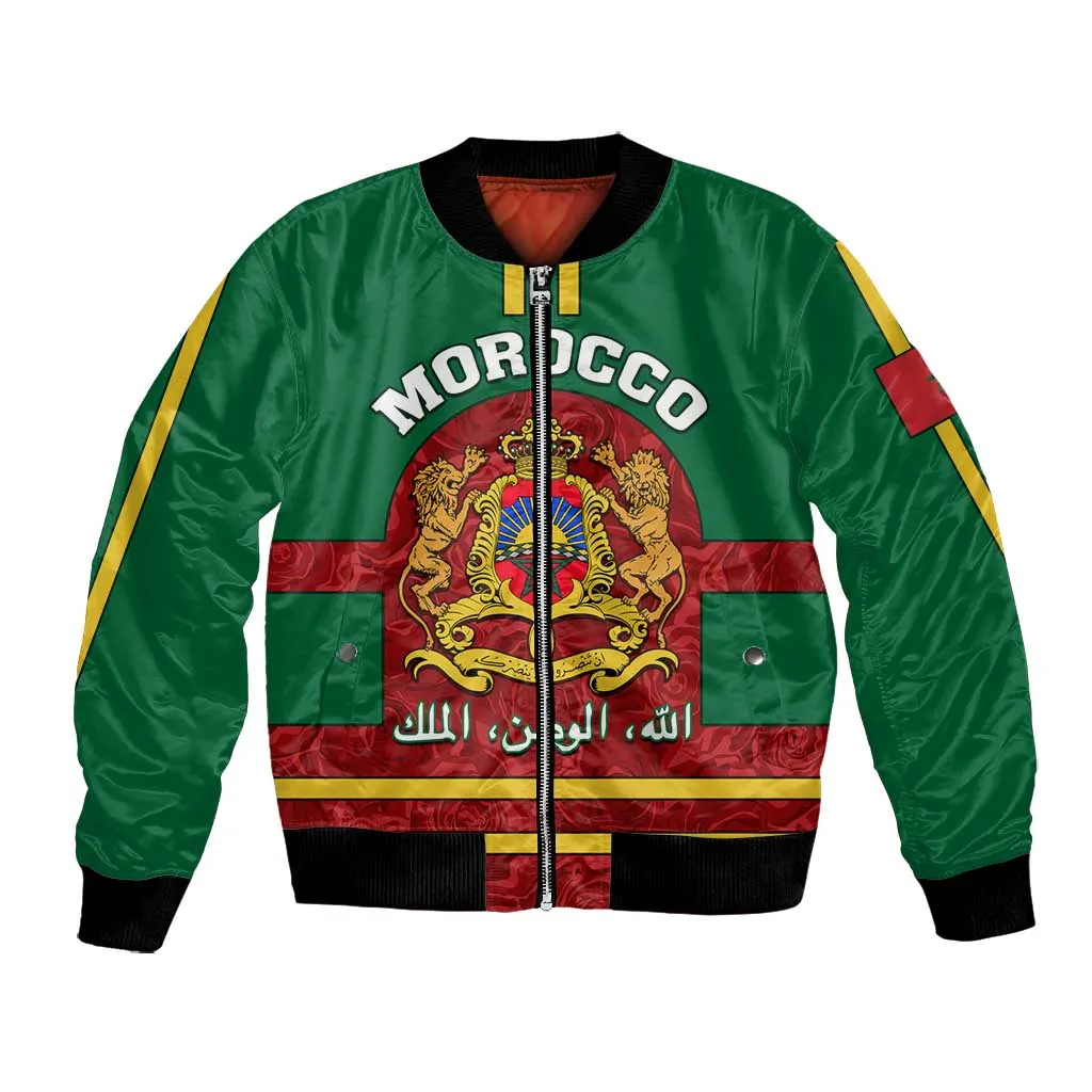Morocco Proclamation Day Bomber Jacket with Marruecos Coat of Arms and Roses Pattern LT01