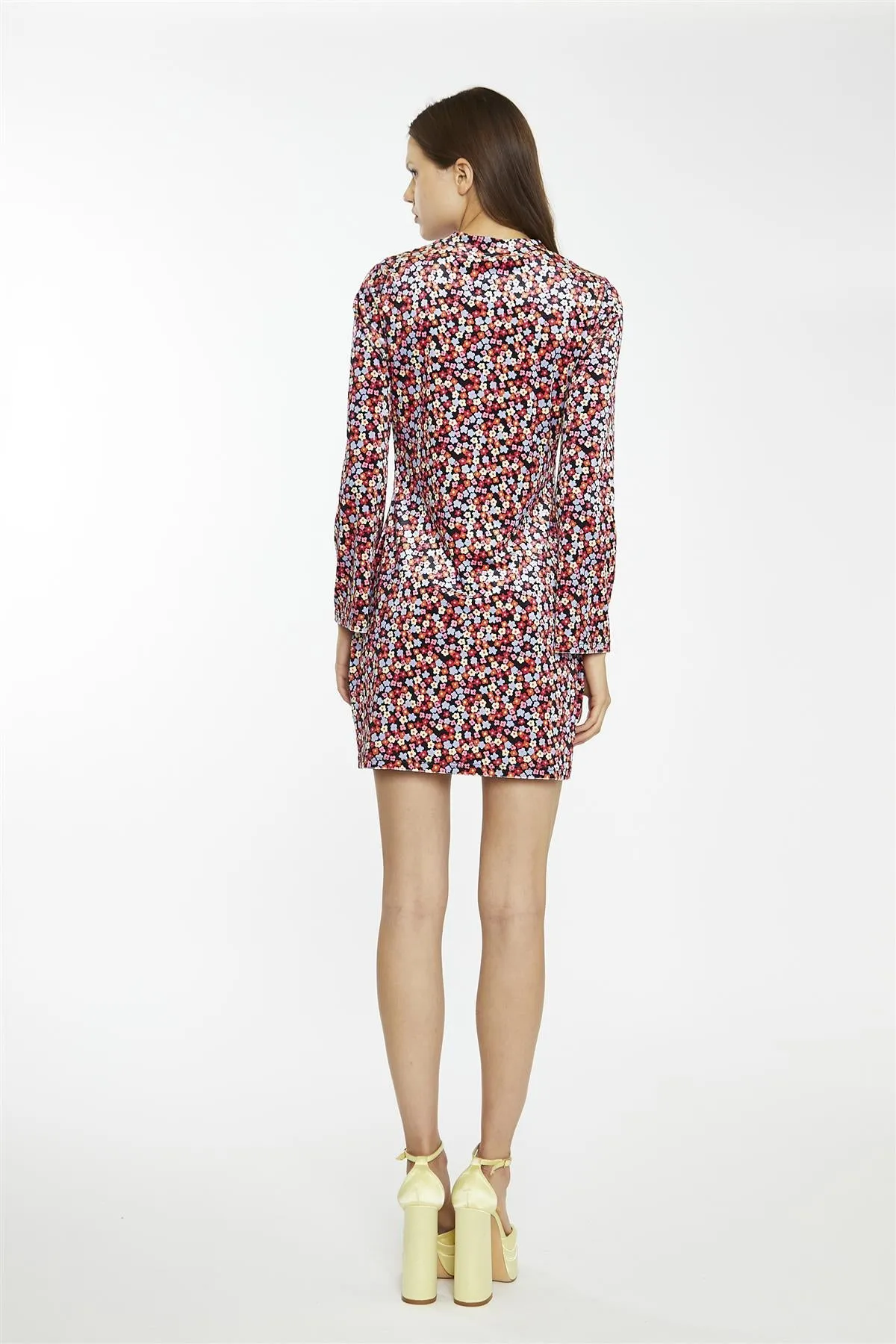 Multi-Ditsy-Velvet Long-Sleeve-Peplum Mini-Dress
