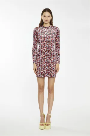 Multi-Ditsy-Velvet Long-Sleeve-Peplum Mini-Dress