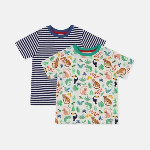 Multicoloured Animal Safari And Stripe Print T-Shirt - 2 Pack
