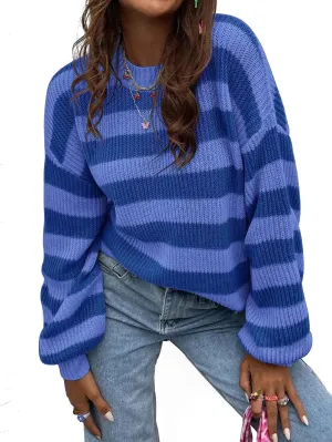 Narecte Womens Crewneck Sweaters Fall Sweaters for Women Trendy Long Sleeve Drop Shoulder Pullover Womens Sweaters Blue XL