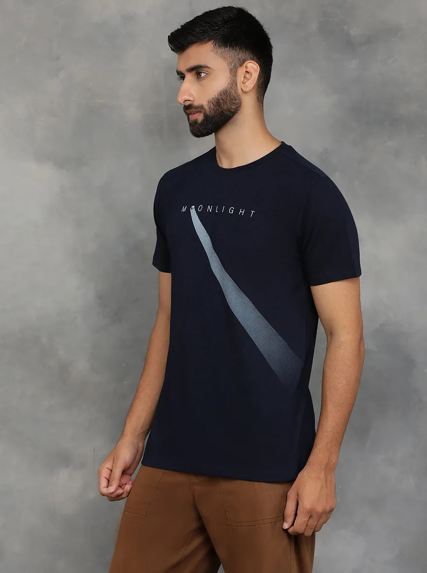 Navy Blue Printed Slim Fit T-Shirt | GreenFibre