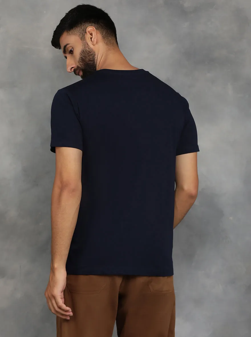 Navy Blue Printed Slim Fit T-Shirt | GreenFibre