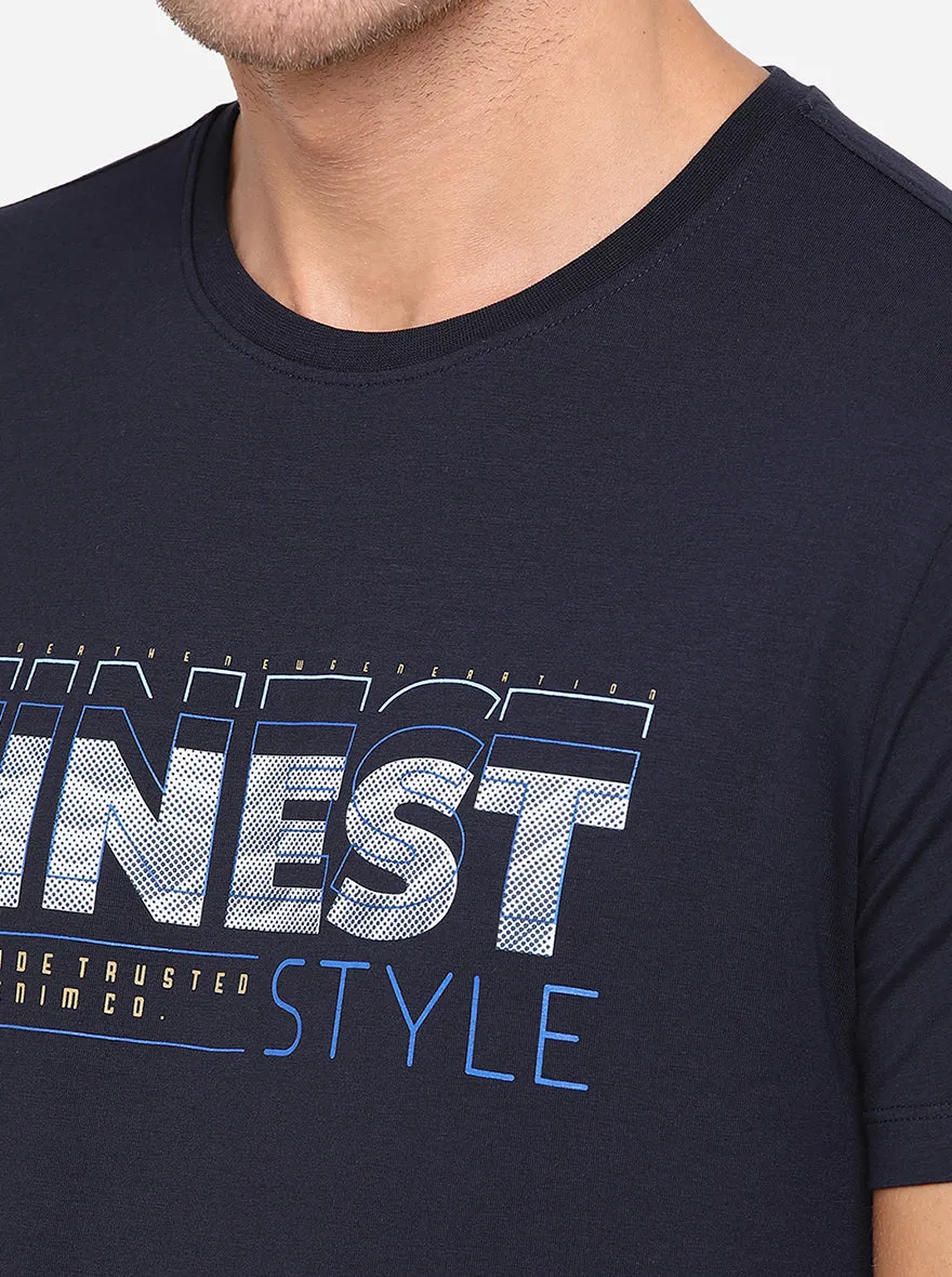 Navy Blue Printed Slim Fit T-Shirt | JadeBlue