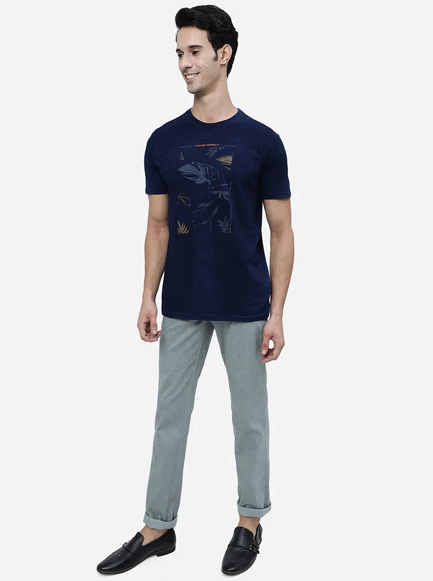 Navy Blue Printed Slim Fit T-Shirt | JadeBlue