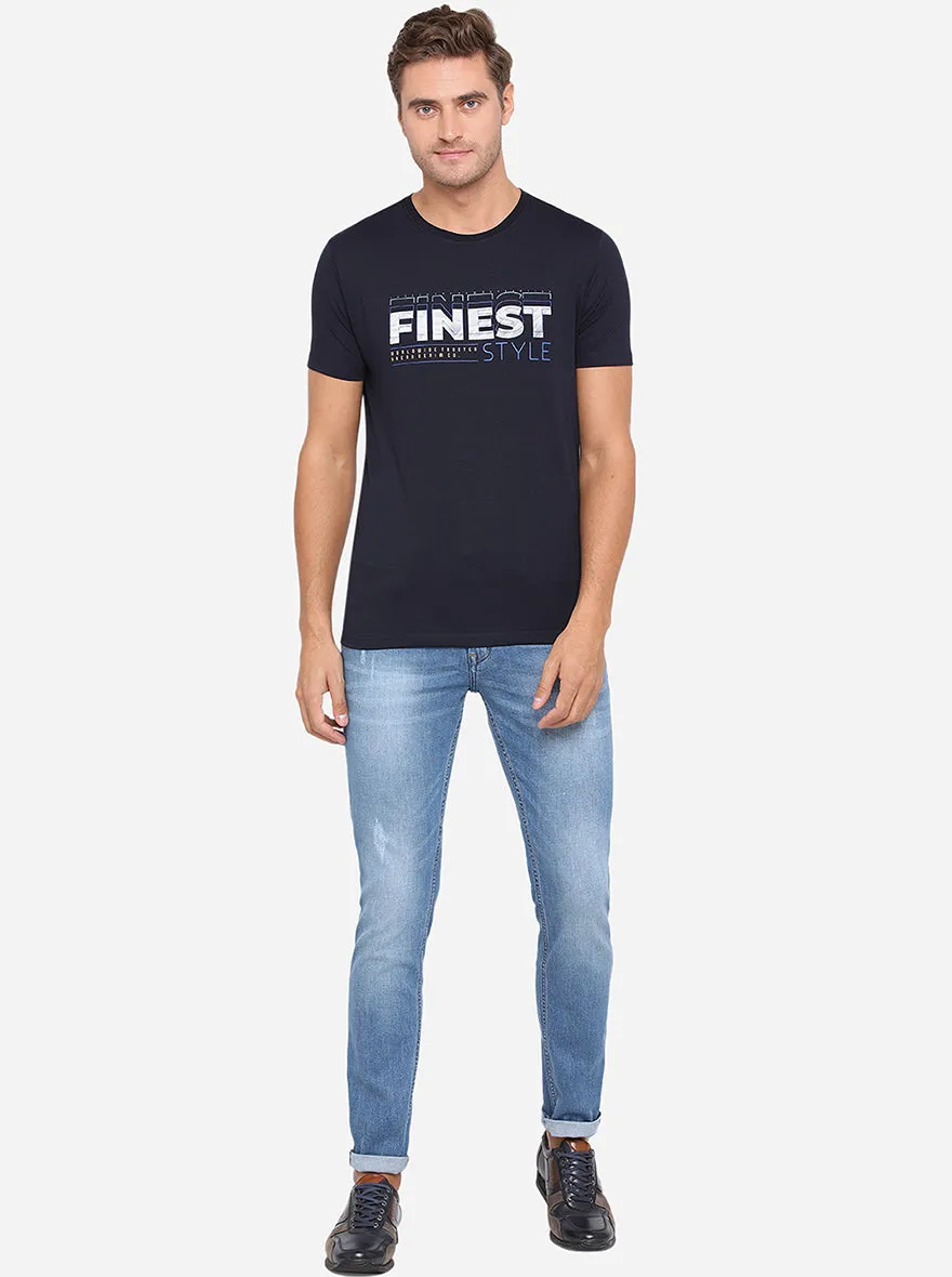 Navy Blue Printed Slim Fit T-Shirt | JadeBlue