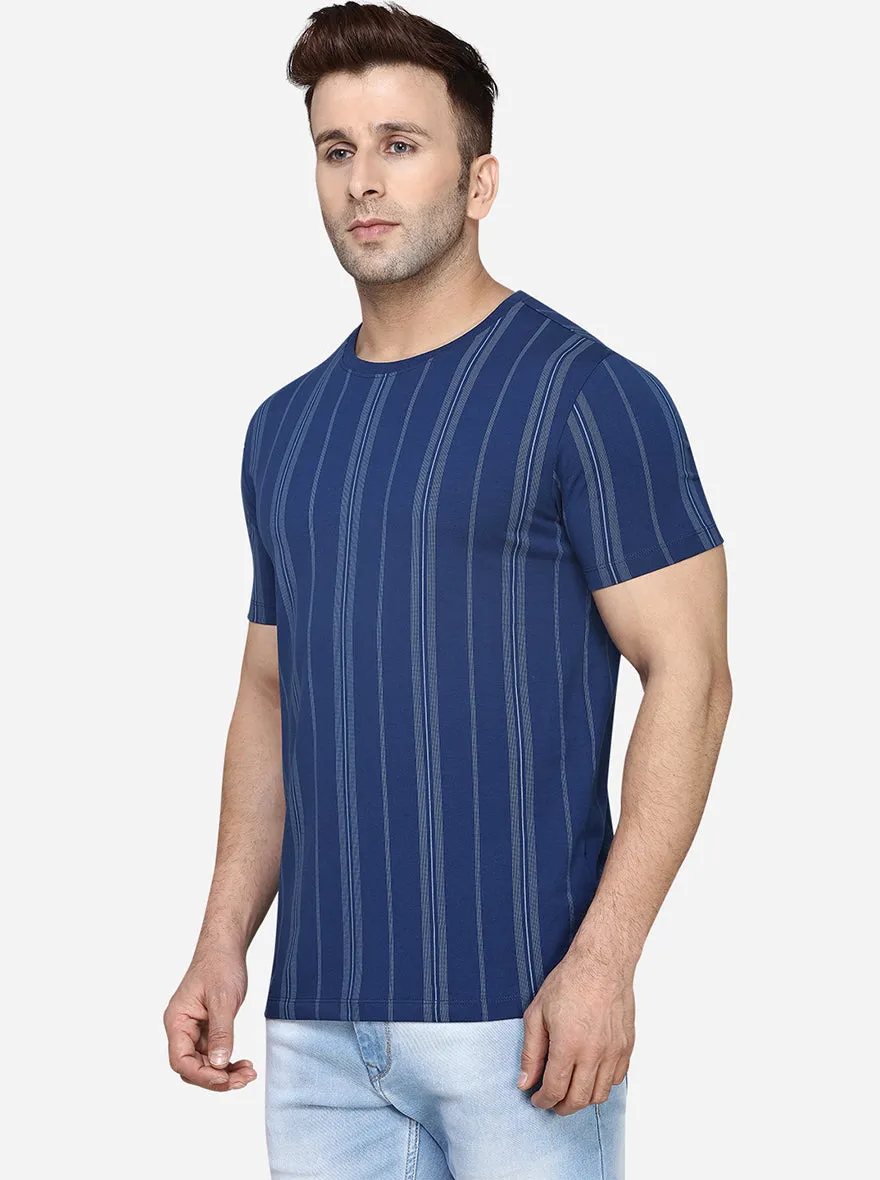 Navy Blue Printed Slim Fit T-Shirt | JadeBlue