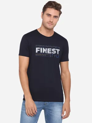 Navy Blue Printed Slim Fit T-Shirt | JadeBlue