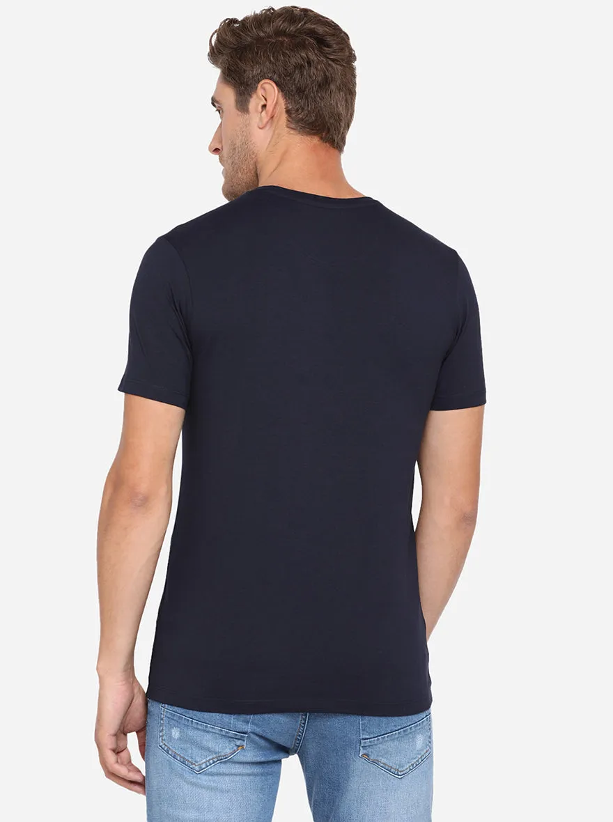 Navy Blue Printed Slim Fit T-Shirt | JadeBlue