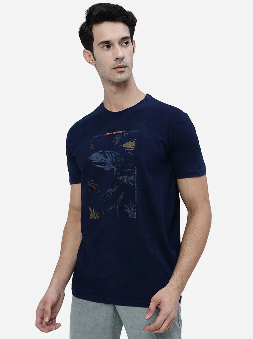 Navy Blue Printed Slim Fit T-Shirt | JadeBlue