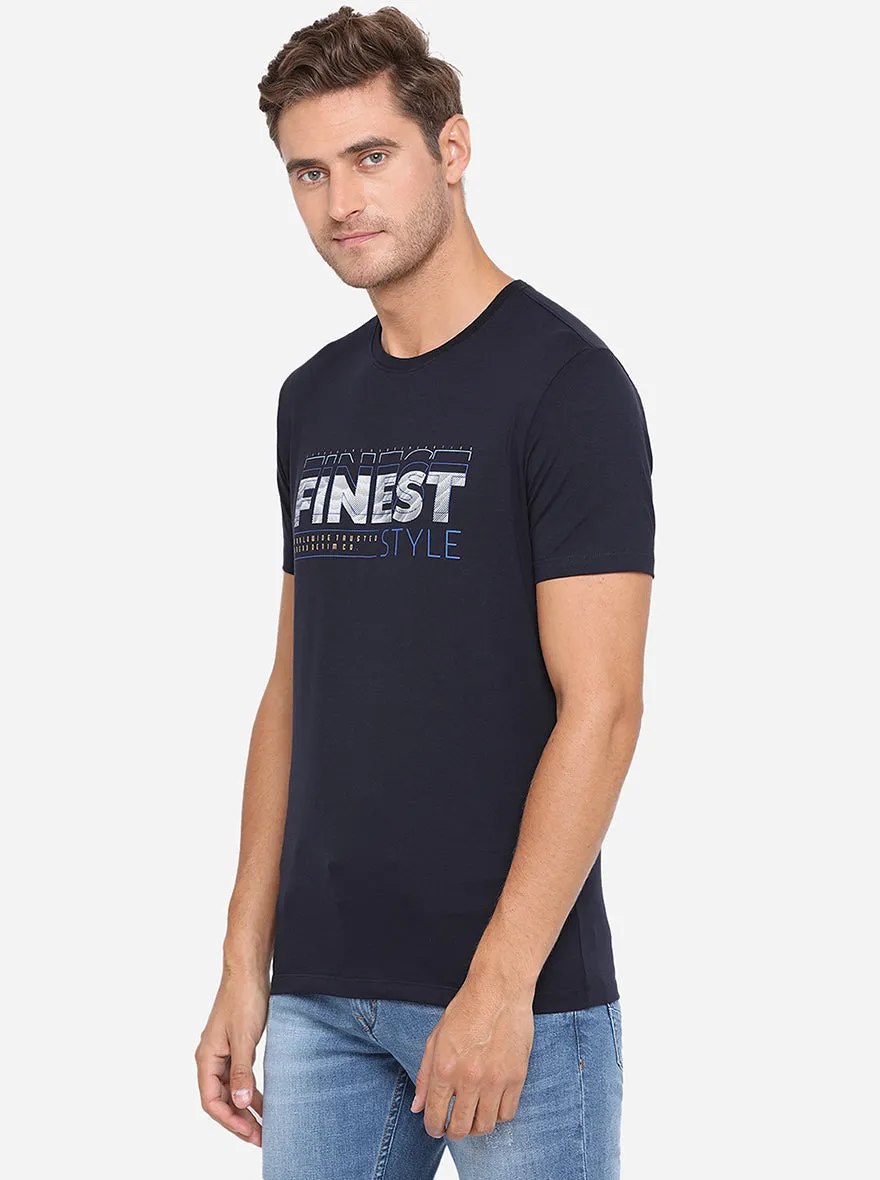 Navy Blue Printed Slim Fit T-Shirt | JadeBlue