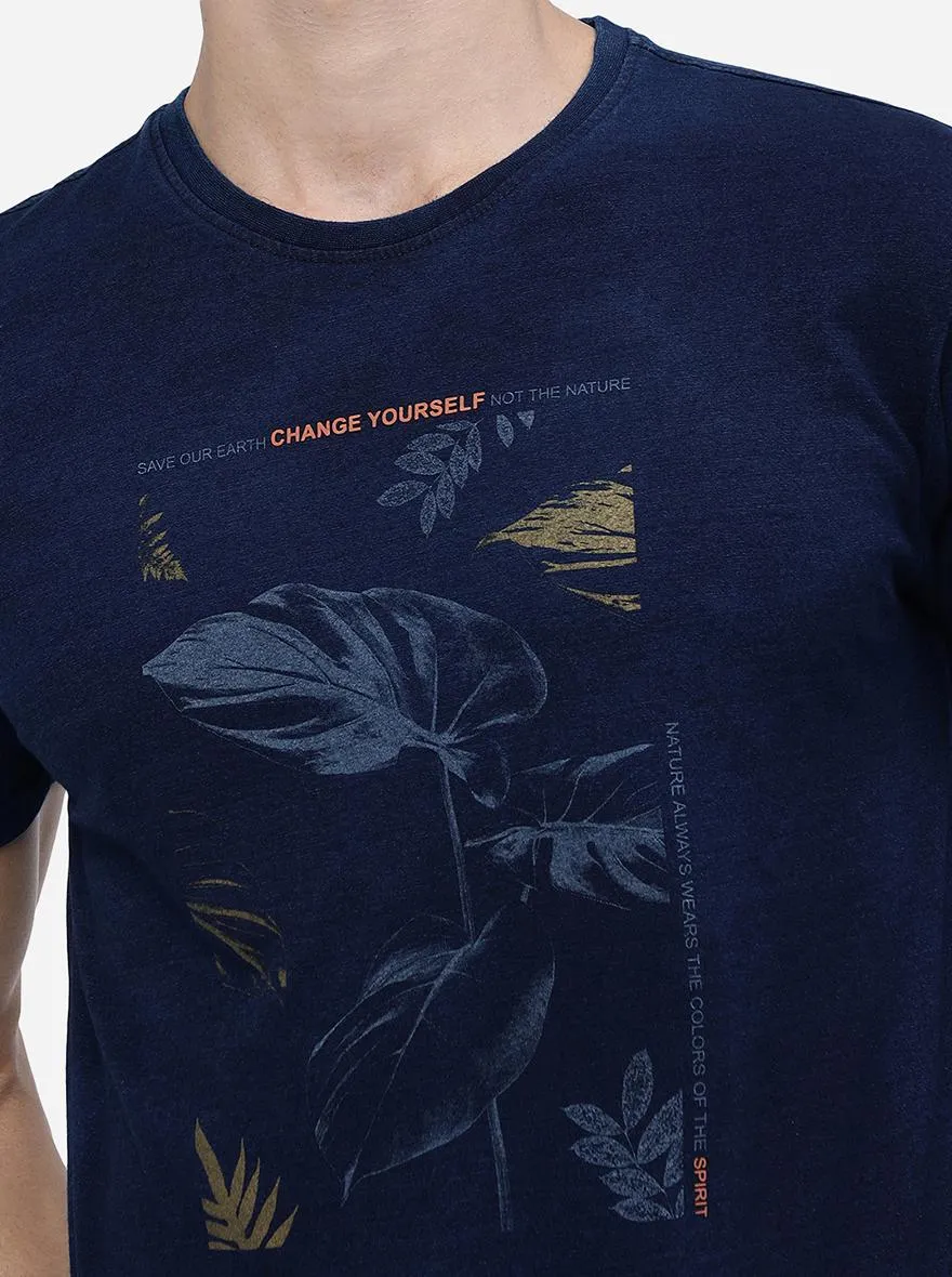 Navy Blue Printed Slim Fit T-Shirt | JadeBlue