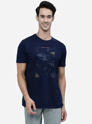Navy Blue Printed Slim Fit T-Shirt | JadeBlue