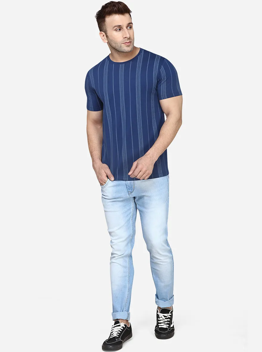 Navy Blue Printed Slim Fit T-Shirt | JadeBlue