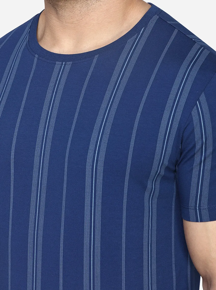 Navy Blue Printed Slim Fit T-Shirt | JadeBlue