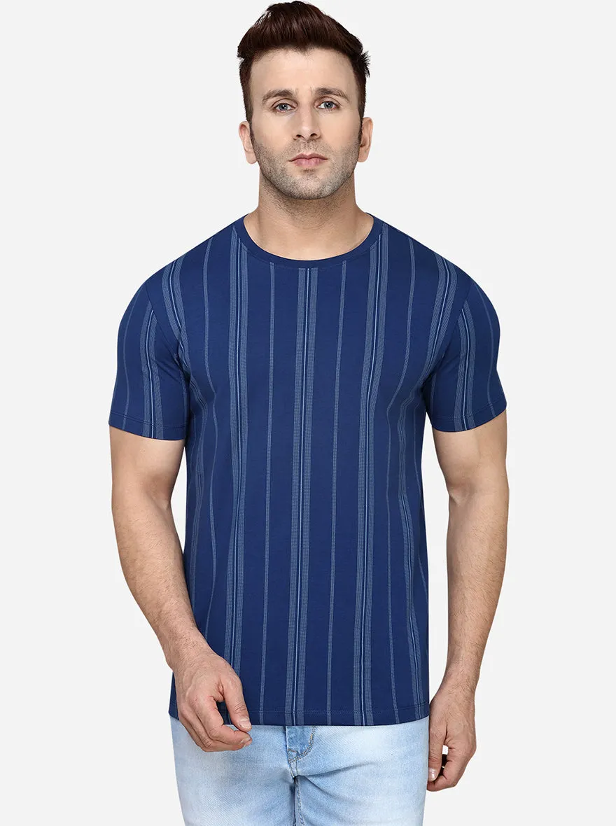 Navy Blue Printed Slim Fit T-Shirt | JadeBlue