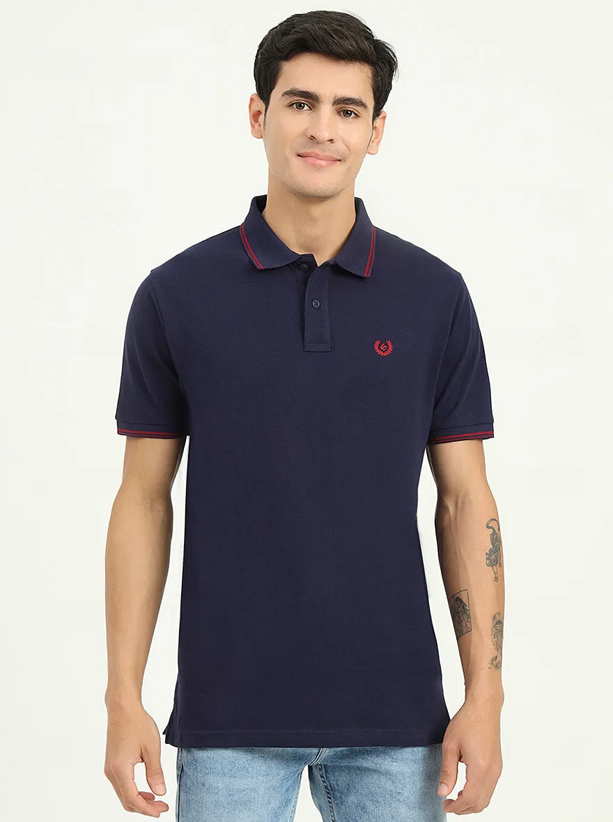 Navy Blue Solid Slim Fit Polo T-Shirt | Greenfibre