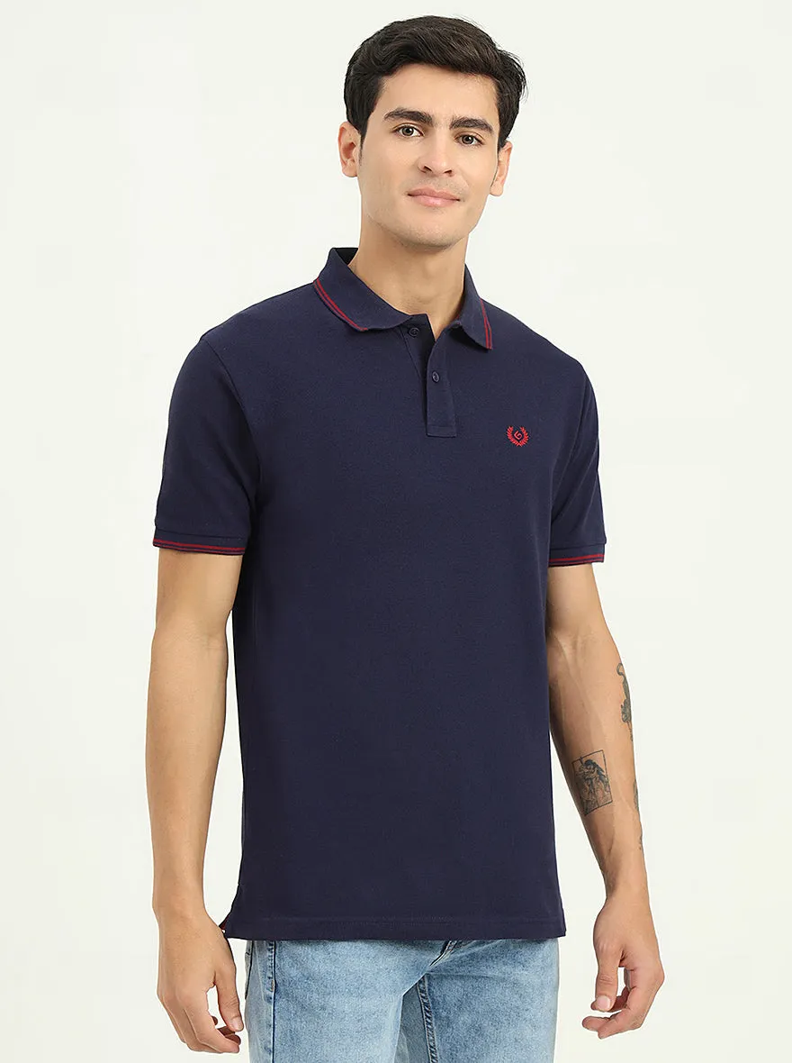 Navy Blue Solid Slim Fit Polo T-Shirt | Greenfibre