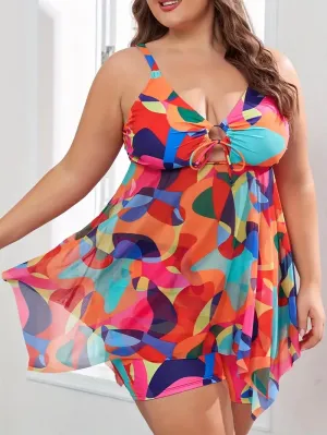 NEW Flattering Plus Size Womens Tankini Set - Stylish Color Block with Sexy Hollow Out, Adjustable Tie Front V Neck Mesh Top & Comfy Boxer Shorts Panty Swimsuit 2 Piece Beachwear Ensemble, Sz 3XL, Retails $63