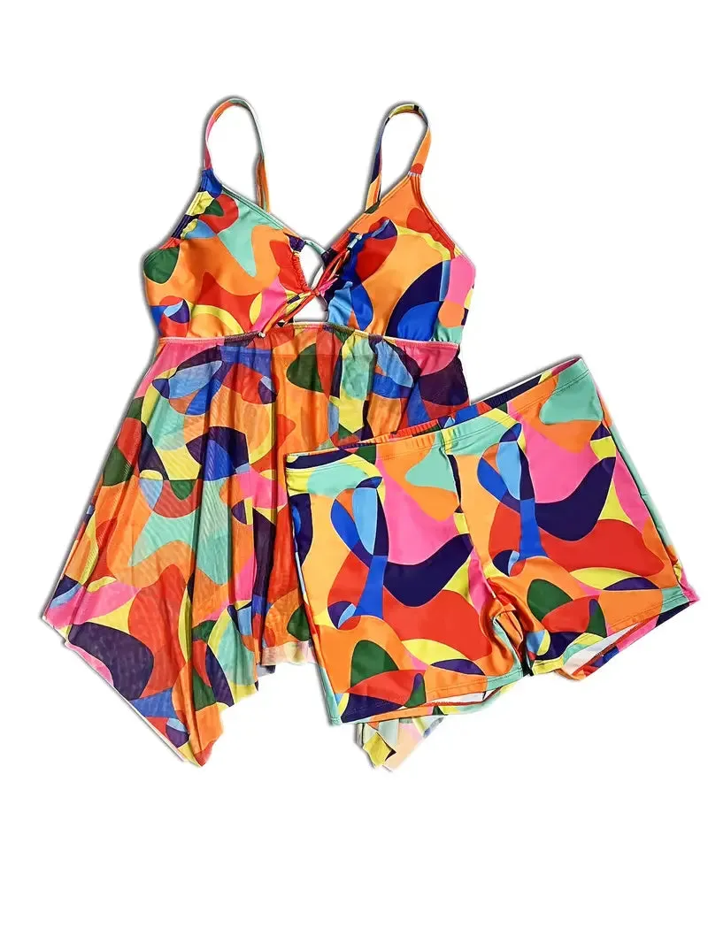 NEW Flattering Plus Size Womens Tankini Set - Stylish Color Block with Sexy Hollow Out, Adjustable Tie Front V Neck Mesh Top & Comfy Boxer Shorts Panty Swimsuit 2 Piece Beachwear Ensemble, Sz 3XL, Retails $63