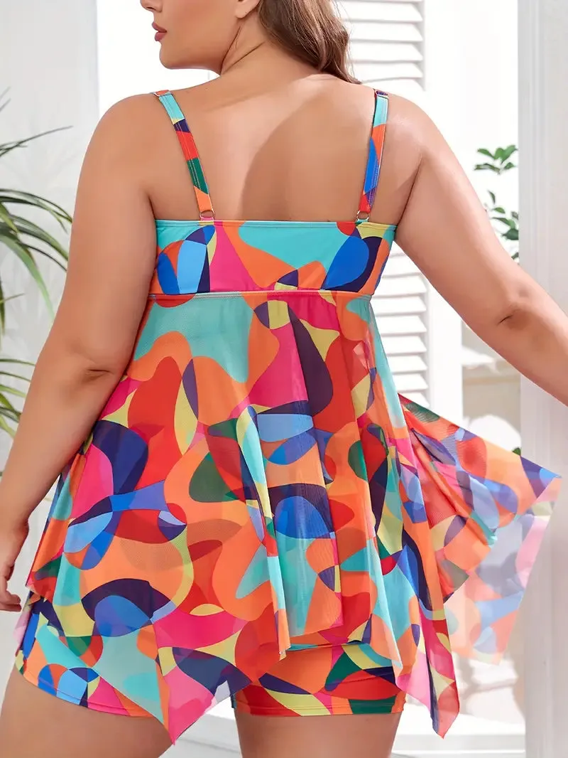 NEW Flattering Plus Size Womens Tankini Set - Stylish Color Block with Sexy Hollow Out, Adjustable Tie Front V Neck Mesh Top & Comfy Boxer Shorts Panty Swimsuit 2 Piece Beachwear Ensemble, Sz 3XL, Retails $63
